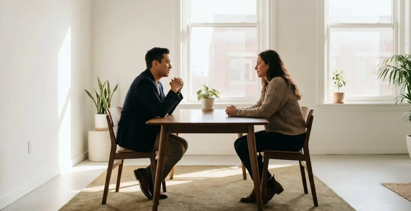 Un professionnel introverti en posture d'écoute active face à un interlocuteur dans un environnement de travail sobre et lumineux