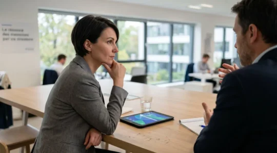 Un professionnel introverti en posture d'écoute active face à un interlocuteur dans un environnement de travail sobre et lumineux