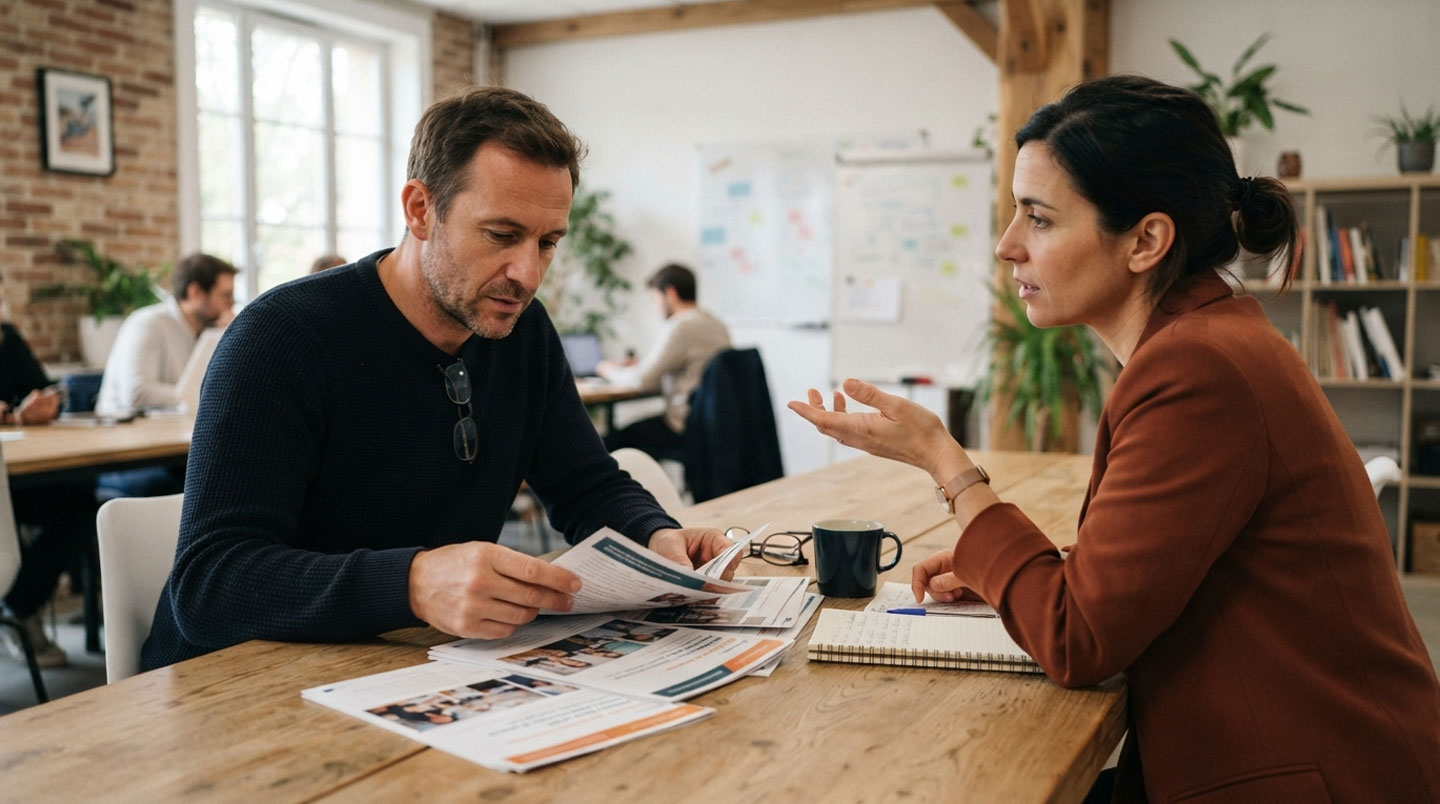 Groupe de trois adultes d'âges variés consultant ensemble des brochures et tablettes sur les formations certifiantes dans un bureau d'orientation professionnelle moderne