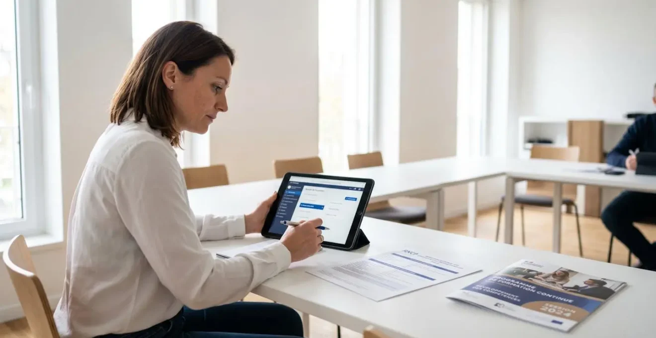 Adulte en formation professionnelle consultant une tablette dans une salle de formation moderne et lumineuse en France, avec documents de certification sur le bureau
