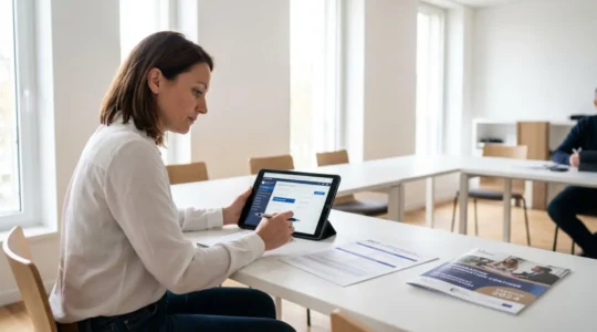 Adulte en formation professionnelle consultant une tablette dans une salle de formation moderne et lumineuse en France, avec documents de certification sur le bureau