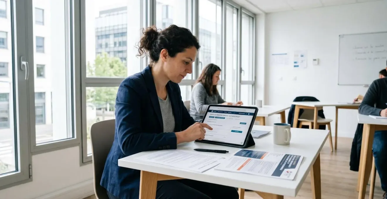 Adulte en formation professionnelle consultant une tablette dans une salle de formation moderne et lumineuse en France, avec documents de certification sur le bureau