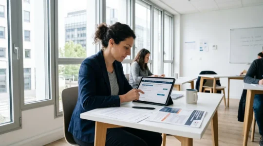 Adulte en formation professionnelle consultant une tablette dans une salle de formation moderne et lumineuse en France, avec documents de certification sur le bureau