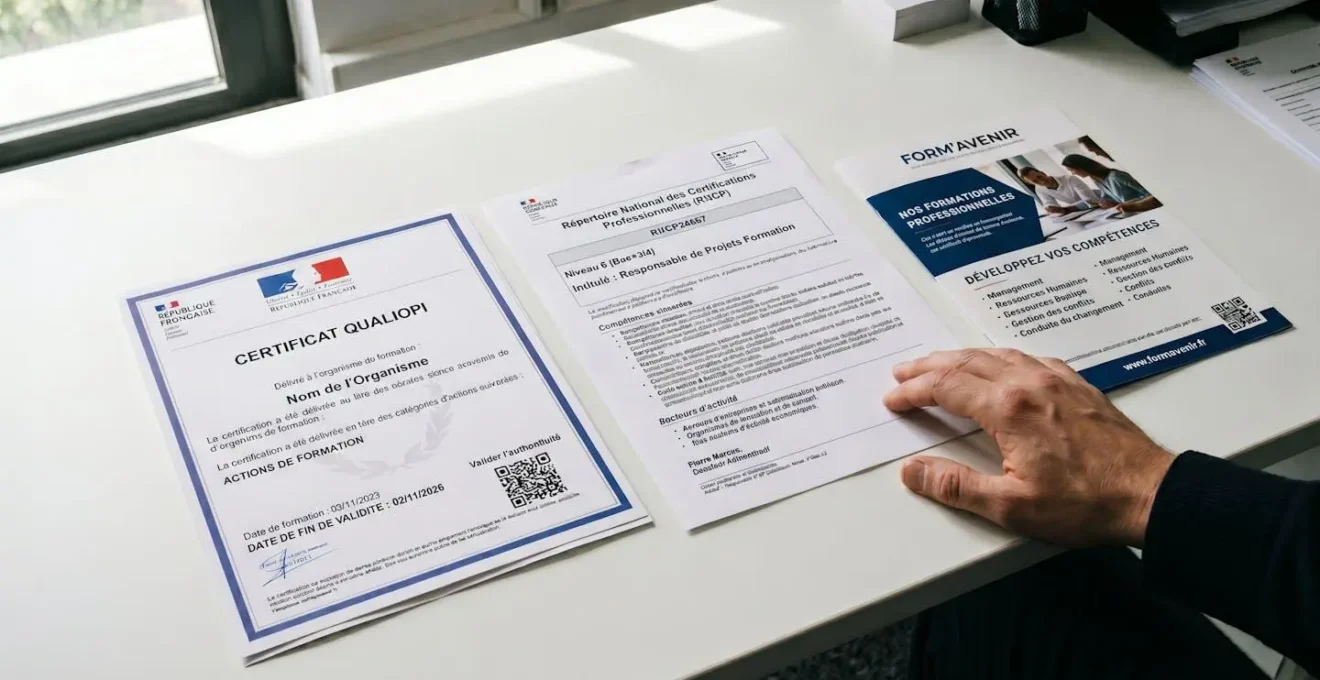 Documents officiels français de certification Qualiopi et fiche RNCP disposés sur un bureau blanc, consultés par une main adulte dans un contexte de vérification administrative