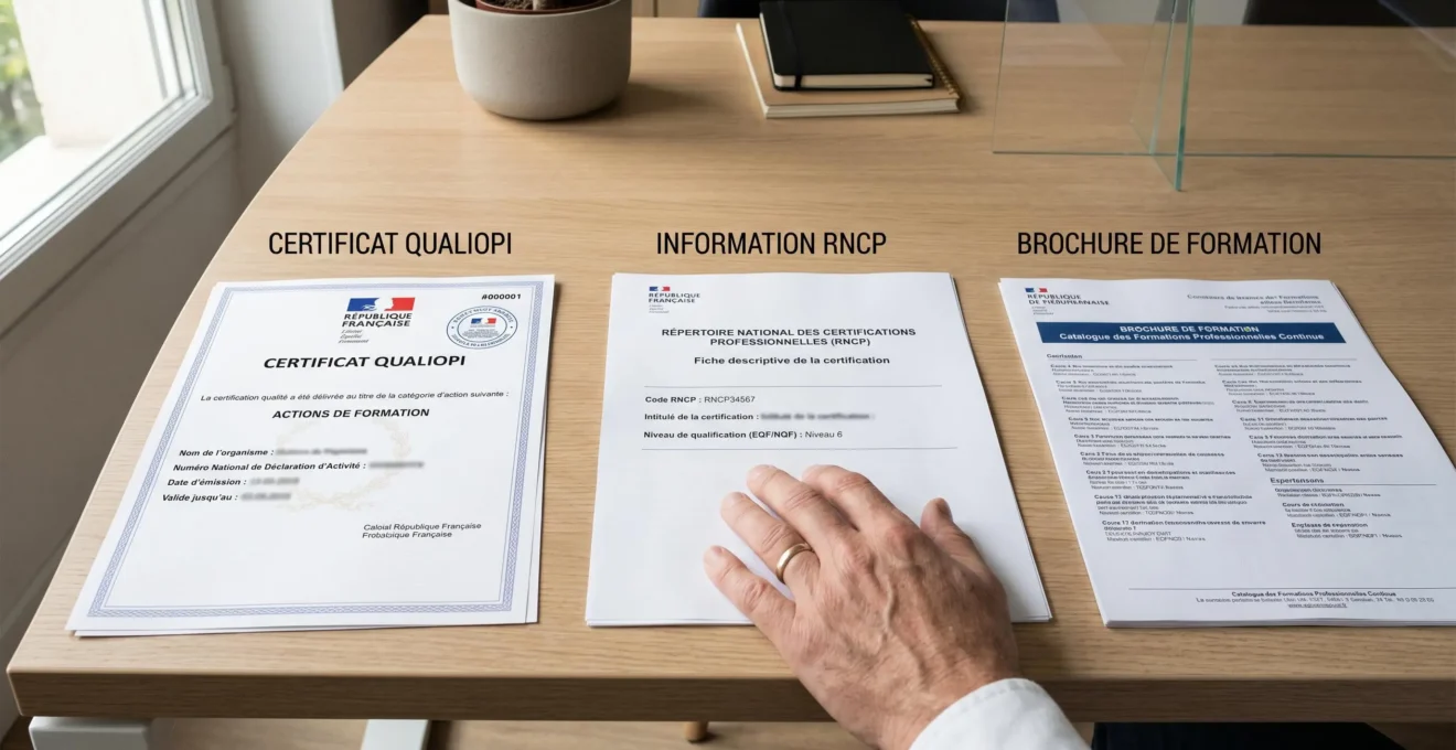Documents officiels français de certification Qualiopi et fiche RNCP disposés sur un bureau blanc, consultés par une main adulte dans un contexte de vérification administrative