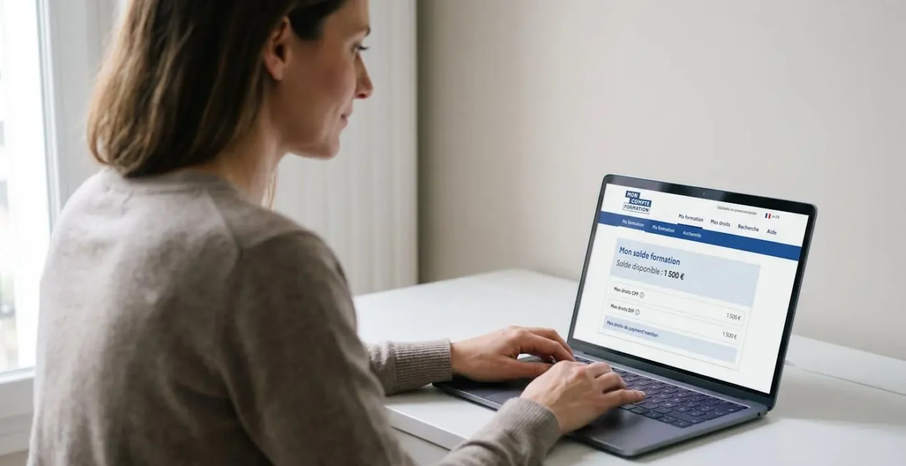 Femme de 40 ans consultant sur ordinateur portable l'interface de Mon Compte Formation affichant son solde CPF en euros avec formatage français