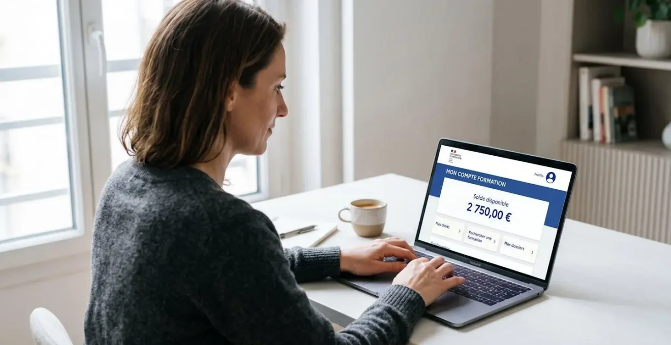 Femme de 40 ans consultant sur ordinateur portable l'interface de Mon Compte Formation affichant son solde CPF en euros avec formatage français