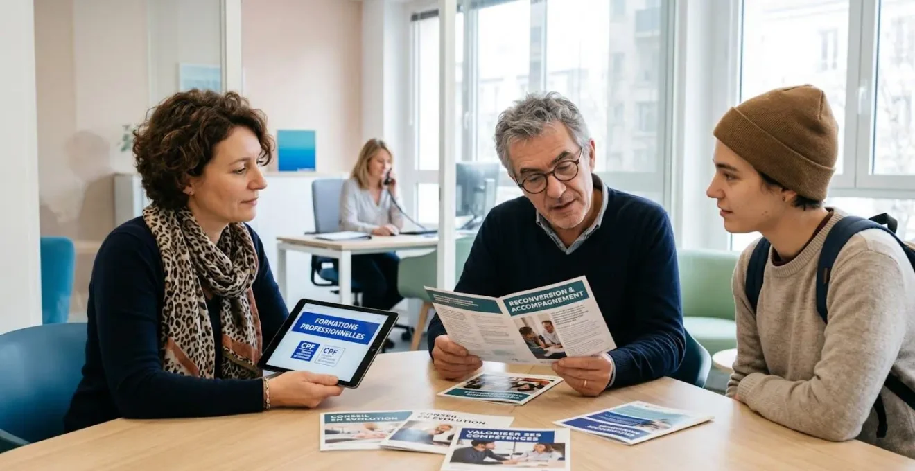 Groupe de trois adultes d'âges variés consultant ensemble des brochures et tablettes sur les formations certifiantes dans un bureau d'orientation professionnelle moderne